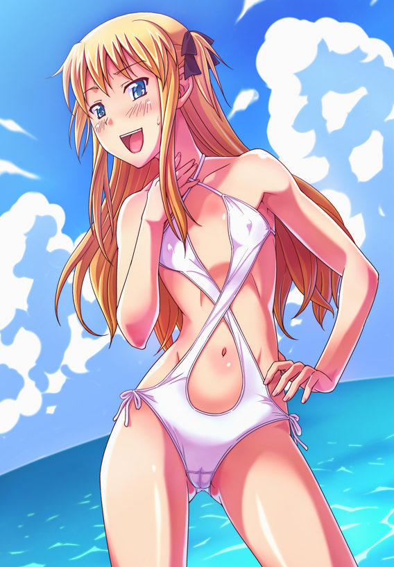 bad_id bad_pixiv_id blue_eyes casual_one-piece_swimsuit covered_nipples e20 flat_chest long_hair one-piece_swimsuit quiz_magic_academy shalon solo swimsuit