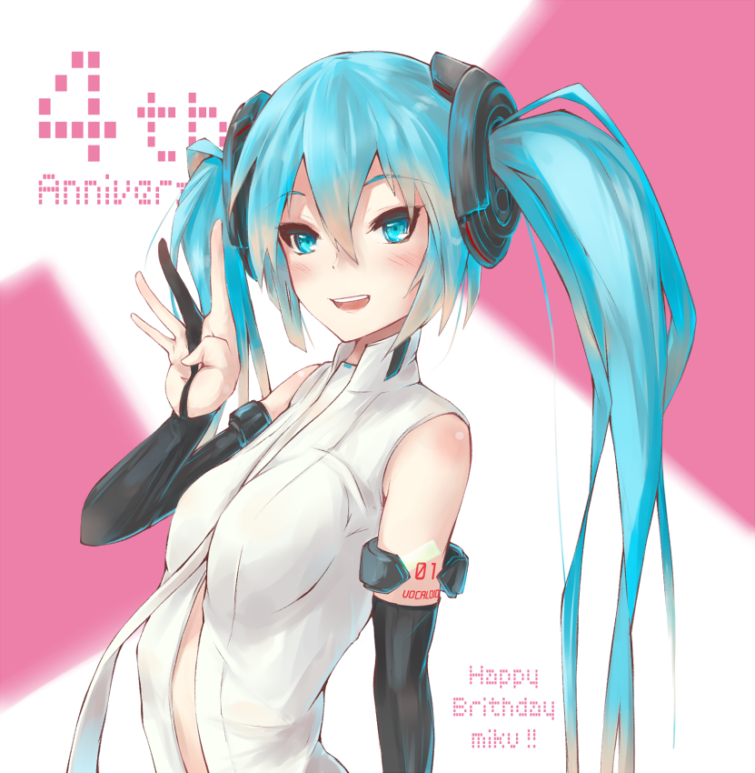 aiya arched_back bad_id bad_pixiv_id bare_shoulders blue_eyes blue_hair center_opening elbow_gloves gloves hair_ornament hatsune_miku hatsune_miku_(append) long_hair markings necktie smile solo tsurime twintails vocaloid vocaloid_append