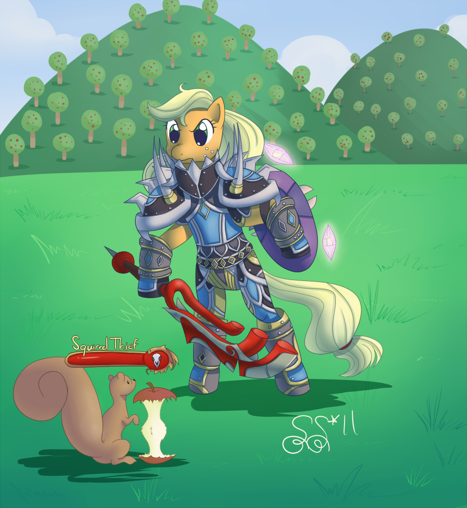 apple_core apple_tree applejack_(mlp) armor blonde_hair crossover equine female friendship_is_magic green_eyes hair hasbro hill horse long_hair mammal my_little_pony orchard parody pony rodent squirrel sword tail video_games warcraft weapon world_of_warcraft