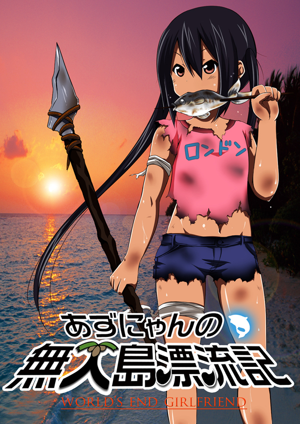 bad_id bad_pixiv_id black_hair denim denim_shorts fish food k-on! long_hair nakano_azusa official_style polearm ragho_no_erika shorts solo spear torn_clothes twintails weapon