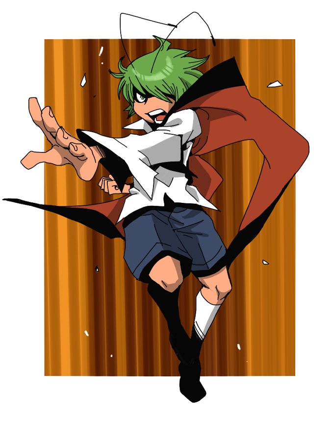 androgynous antennae cape clenched_hand fighting_stance green_eyes green_hair onikobe_rin open_mouth pants reverse_trap solo touhou wriggle_nightbug