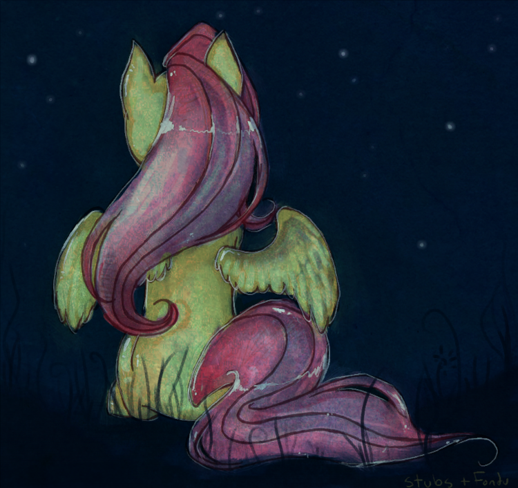 female feral fluttershy_(mlp) friendship_is_magic grass hair horse mammal my_little_pony night pegasus pink_hair pony solo stars wings