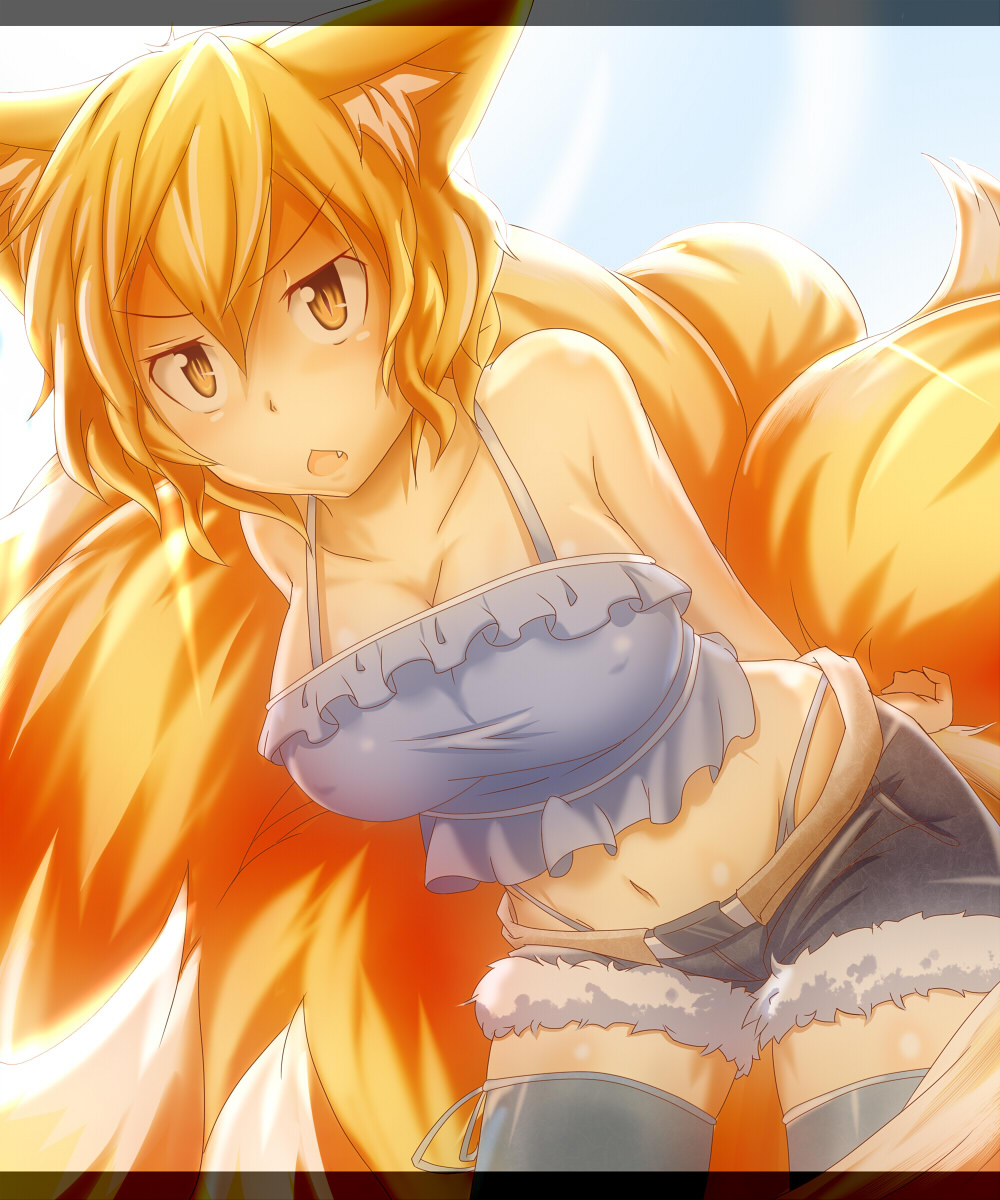 animal_ears blonde_hair chestnut_mouth commentary_request contemporary fang fox_ears fox_tail frown g-string grey_legwear grey_panties half-shirt highleg highleg_panties highres leaning_forward letterboxed midriff multiple_tails navel open_mouth panties short_hair short_shorts shorts slit_pupils solo tail tamahana thighhighs thong touhou underwear yakumo_ran yellow_eyes