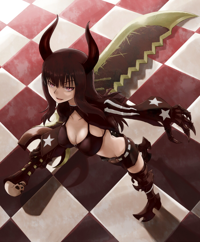 bikini_top black_gold_saw black_hair black_rock_shooter boots breasts checkered checkered_floor cleavage from_above horns king_saw large_breasts long_hair looking_up neri_gozu red_eyes skull solo star sword weapon
