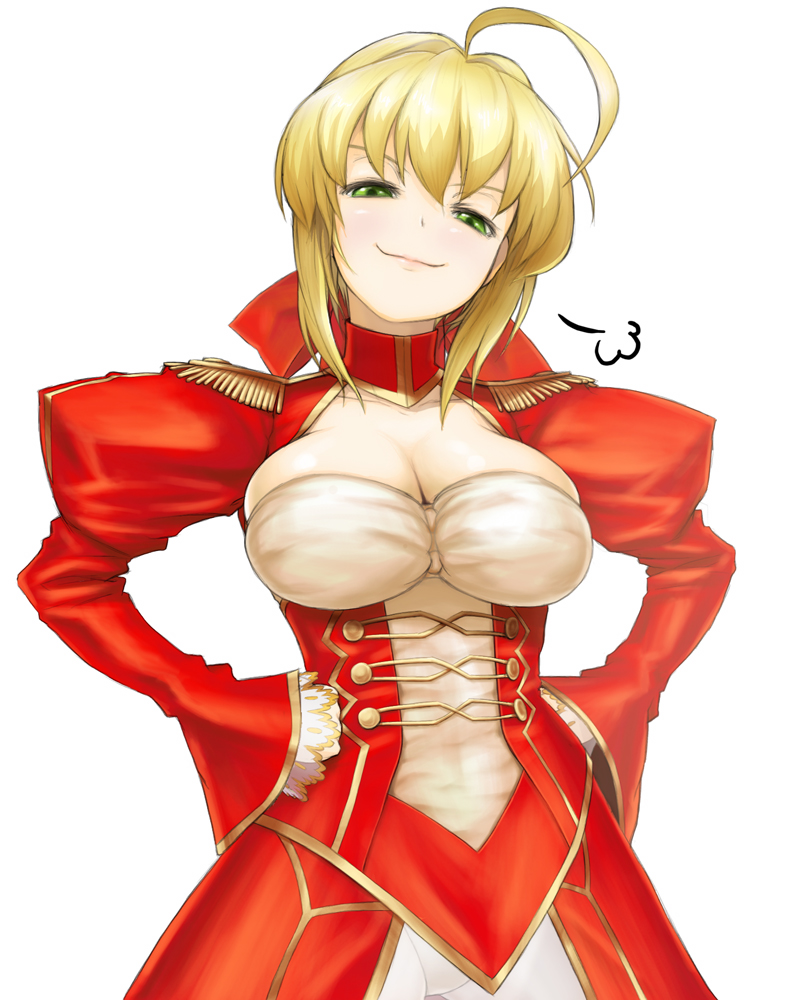 ahoge blonde_hair breasts cleavage dress dudufedu epaulettes fate/extra fate_(series) green_eyes hair_ribbon hands_on_hips large_breasts looking_at_viewer narrowed_eyes nero_claudius_(fate) nero_claudius_(fate)_(all) ribbon simple_background smile smug solo triumph_(expression) white_background