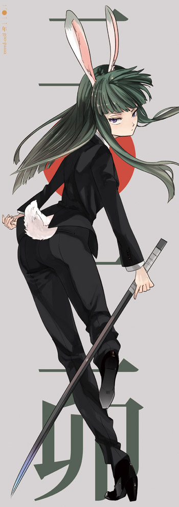 2011 animal_ears black_eyes bokken bunny_ears bunny_tail darker_than_black formal green_hair hazuki_mina_(darker_than_black) high_heels looking_back ocha_(oteaaa) pant_suit purple_eyes shoes solo suit sword tail weapon wooden_sword