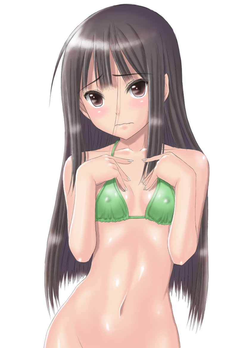 bikini_top black_hair blush bottomless breasts brown_eyes collarbone covered_nipples groin long_hair looking_at_viewer muffin_(sirumeria) navel nipples original out-of-frame_censoring simple_background small_breasts solo string_bikini upper_body wavy_mouth