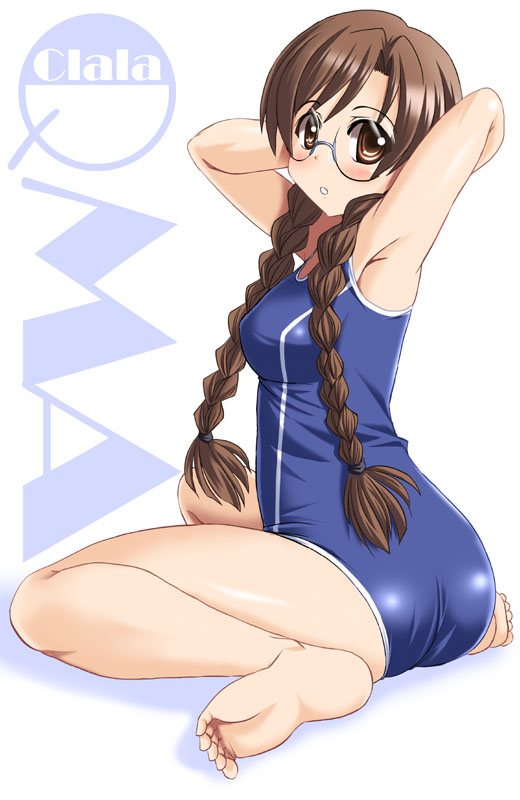 bad_anatomy barefoot braid brown_eyes brown_hair clala glasses long_hair one-piece_swimsuit quiz_magic_academy school_swimsuit sitting soles solo swimsuit toes tonpuu wariza