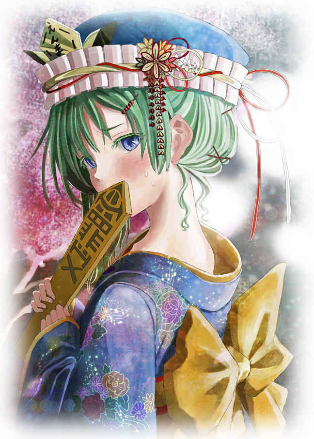 alternate_costume bad_id bad_pixiv_id blue_eyes blush commentary_request covering_mouth face floral_print green_hair hair_ornament hairclip hat hat_ribbon japanese_clothes kimono nape neck ribbon rod_of_remorse shiki_eiki short_hair solo sweat touhou urabe_michiru
