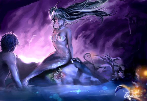 1girl bare_shoulders beeno2801 hatsune_miku kaito long_hair mermaid monster_girl monsterification sitting vocaloid water