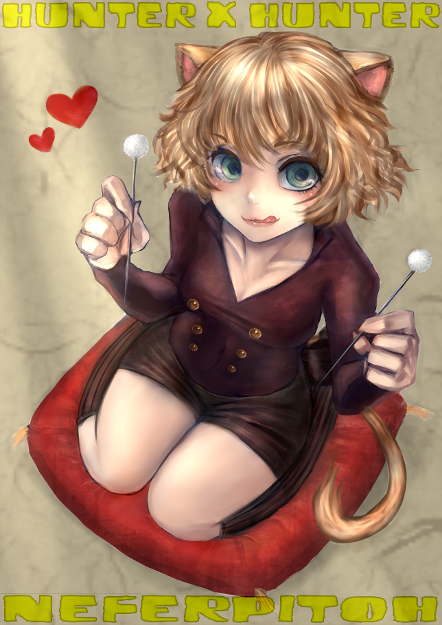 akubi_(fyfy) androgynous animal_ears bad_id bad_pixiv_id black_legwear blonde_hair blue_eyes cat_ears cat_tail collarbone cotton_swab curly_hair face from_above full_body hands hunter_x_hunter licking_lips long_sleeves looking_at_viewer mimikaki neferpitou seiza short_shorts shorts sitting socks solo tail tongue tongue_out