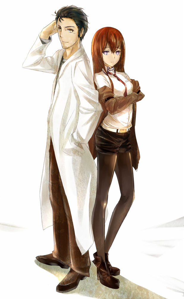 1girl black_hair brown_hair crossed_arms facial_hair hand_in_pocket jacket labcoat legwear_under_shorts long_hair makise_kurisu necktie okabe_rintarou pants pantyhose phantania purple_eyes shorts steins;gate stubble yellow_eyes