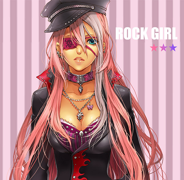 blue_eyes breasts chisaki_(sorajik) choker cleavage collarbone ear_piercing earrings eyepatch hat jewelry large_breasts lips long_hair looking_at_viewer necklace original peaked_cap piercing pink_hair popped_collar skull_and_crossbones solo striped striped_background
