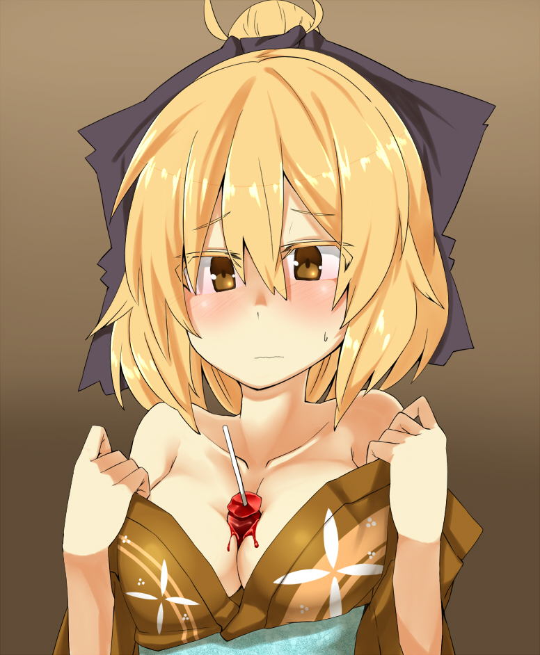 bad_id bad_pixiv_id blonde_hair blush breasts brown_eyes candy_apple cleavage collarbone food hair_ribbon hati105 japanese_clothes kurodani_yamame large_breasts ponytail ribbon solo sweatdrop touhou undressing wavy_mouth