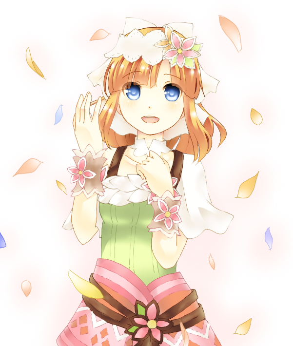 bad_id bad_pixiv_id blonde_hair blue_eyes blush dress flower hair_flower hair_ornament looking_up open_mouth petals rune_factory sato_(chacha) sia_(rune_factory) smile solo wristband