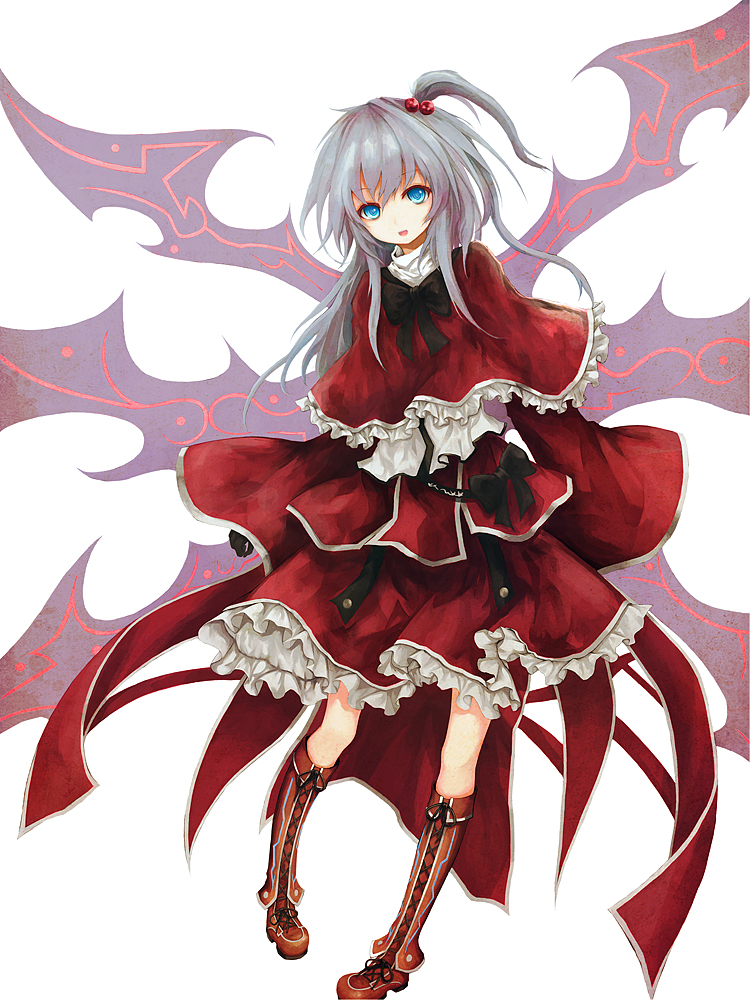 blue_eyes boots capelet cross-laced_footwear dress frills hair_bobbles hair_ornament lace-up_boots long_hair open_mouth red_capelet ribbon shinki shippu_man silver_hair simple_background sleeves_past_wrists solo touhou wings