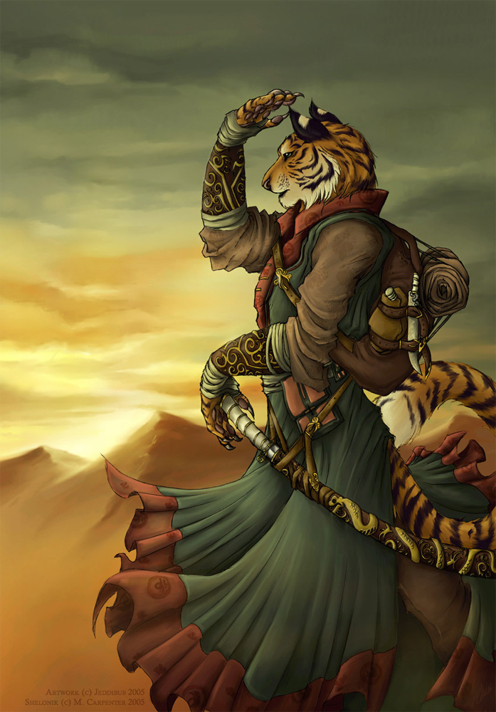 backpack dawn feline jeddibub male mountain shelonik_(character) solo standing sword tail tiger travel weapon