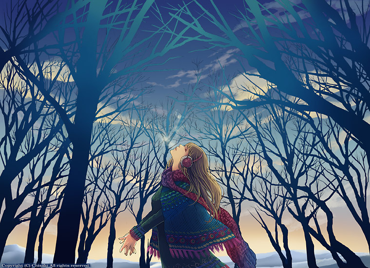 brown_hair chisaki_(sorajik) closed_eyes cloud earmuffs forest hands_clasped long_hair looking_up nature original own_hands_together poncho scarf sky solo sunset watermark winter