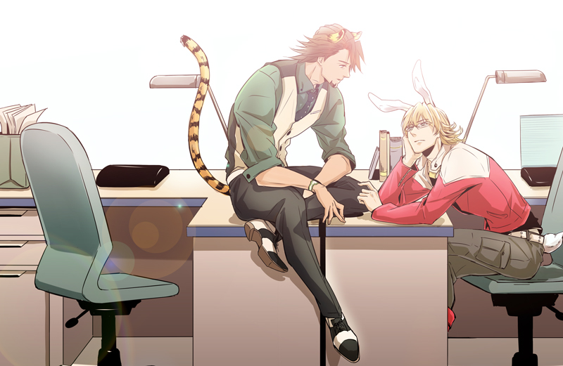 animal_ears barnaby_brooks_jr blonde_hair brown_eyes brown_hair bunny_ears bunny_tail cass_yaha extra_ears facial_hair glasses green_eyes jacket jewelry kaburagi_t_kotetsu kemonomimi_mode male_focus multiple_boys necklace necktie office red_jacket sitting stubble tail tiger_&amp;_bunny tiger_ears tiger_tail vest waistcoat