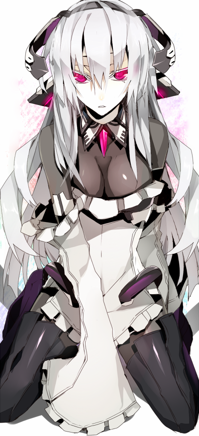 bad_id bad_pixiv_id boots detached_sleeves hachizowo horizon_ariadust kneeling kyoukaisenjou_no_horizon long_hair looking_at_viewer pantyhose pilot_suit purple_eyes simple_background solo thigh_boots thighhighs white_background white_hair