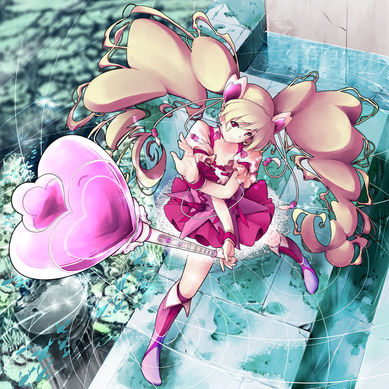 blonde_hair boots bow choker cure_peach dress fresh_precure! frills full_body hair_ornament hairpin hamuhamu heart heart_hair_ornament holding holding_wand knee_boots lace long_hair magical_girl md5_mismatch momozono_love peach_rod pink_bow pink_choker pink_footwear precure puffy_sleeves red_eyes smile solo twintails wand water wrist_cuffs