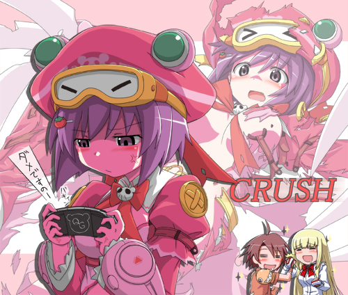 &gt;_&lt; =_= closed_eyes crossover expressive_clothes goggles handheld_game_console hat jan_(queen's_blade) lili_(tekken) lowres maron_macaron multiple_girls playstation_portable purple_eyes purple_hair queen's_gate queen's_gate_spiral_chaos shirosame tekken torn_clothes