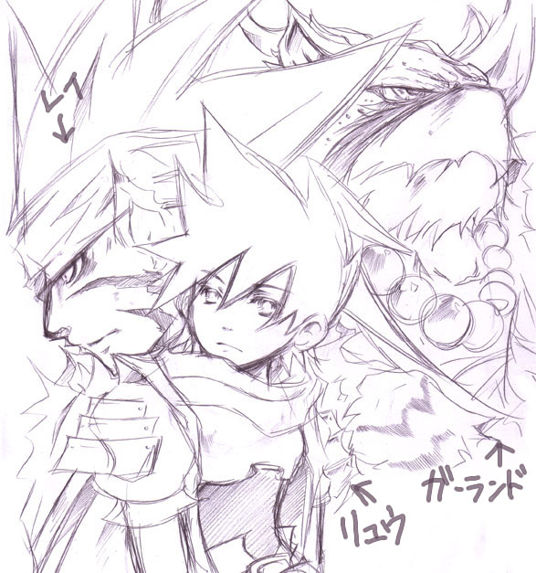 beak breath_of_fire breath_of_fire_iii closed_mouth expressionless garr male_focus monochrome monster multiple_boys rei_(breath_of_fire) ryuu_(breath_of_fire_iii) scar scarf simple_background sketch spiked_hair upper_body white_background
