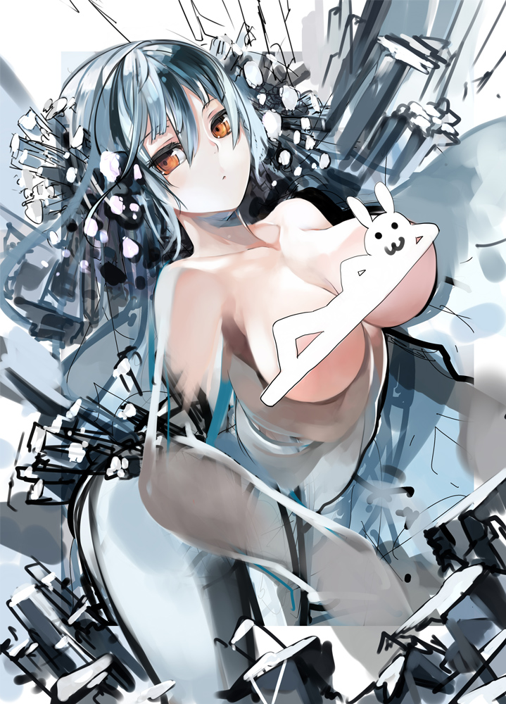 bare_shoulders blue_hair breasts bunny censored collarbone large_breasts long_hair looking_at_viewer novelty_censor orange_eyes original pupps sketch solo