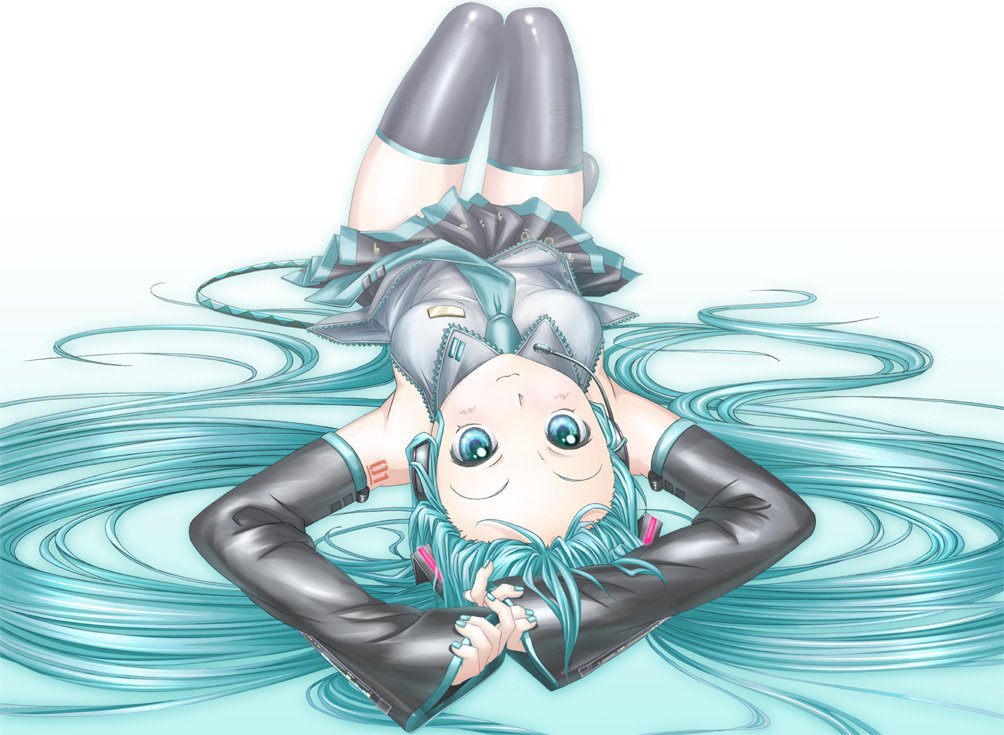 aqua_eyes aqua_hair aqua_nails arms_up detached_sleeves forehead hatsune_miku headset katorifuta long_hair lying nail_polish necktie skirt solo thighhighs twintails upside-down very_long_hair vocaloid