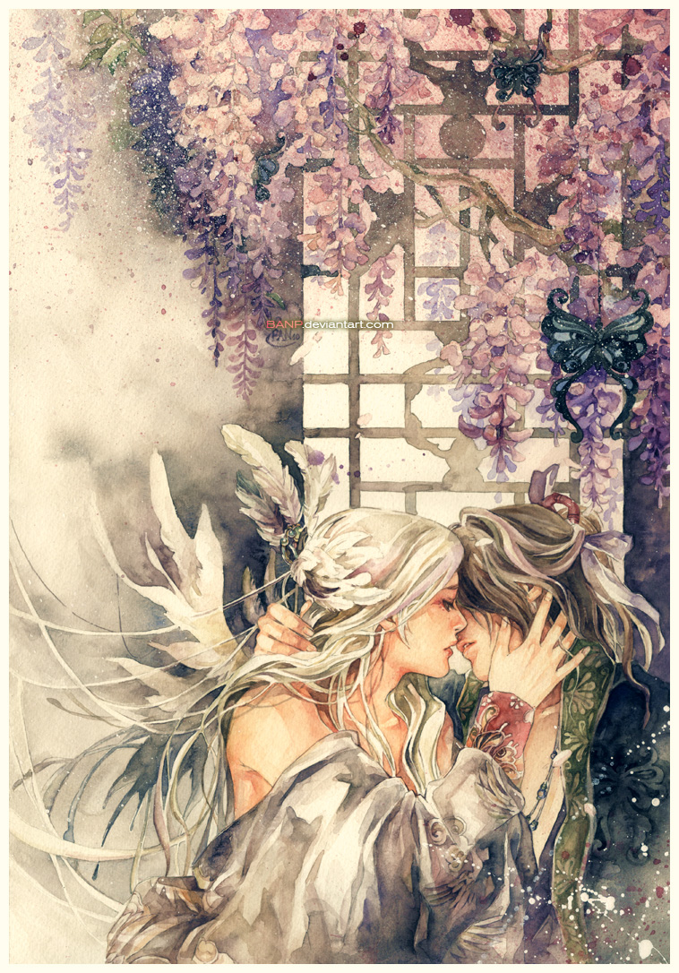 1girl bad_deviantart_id bad_id banp black_hair bug butterfly couple feathers flower hair_feathers hetero imminent_kiss insect jewelry long_hair necklace original paint_splatter profile traditional_media watercolor_(medium) watermark white_hair