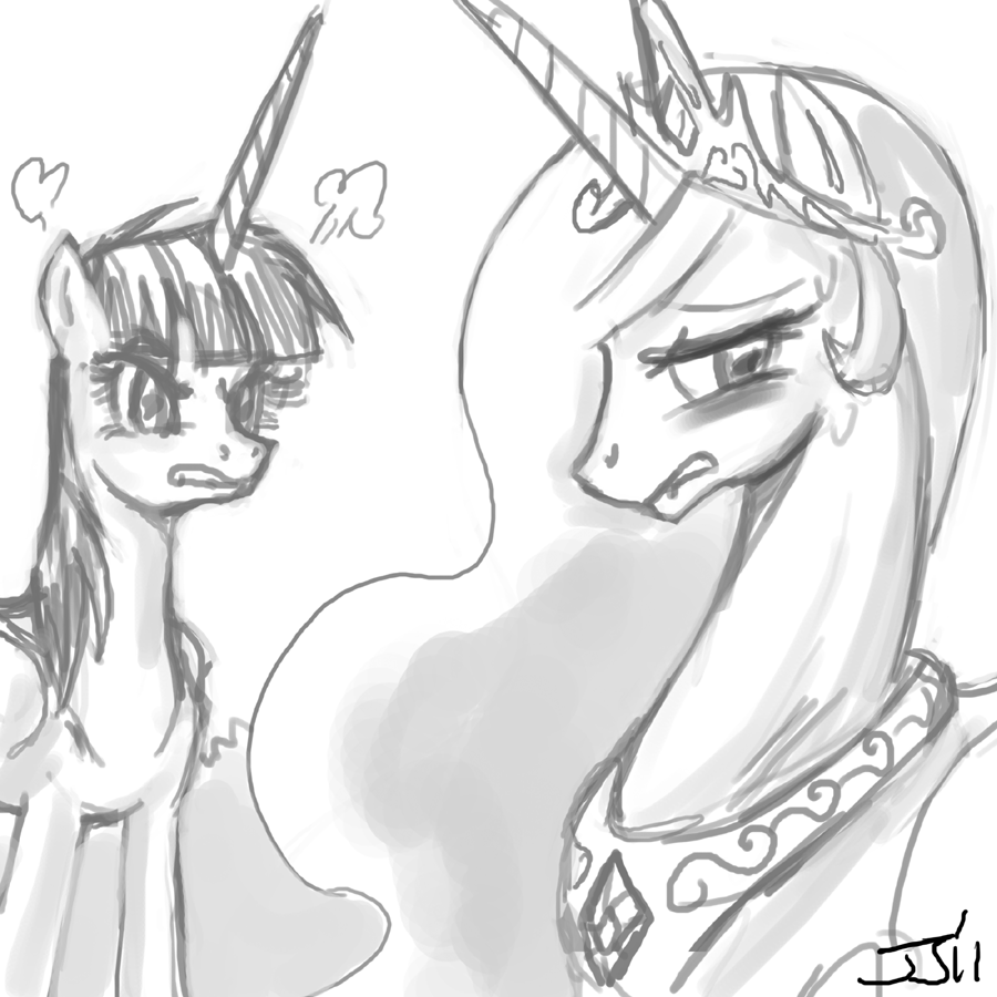alicorn angry biting_lip black_and_white blush duo embarrassed equine female feral friendship_is_magic horn john_joseco lauren_faust lauren_faust_(character) mammal monochrome my_little_pony ponification princess princess_celestia_(mlp) royalty winged_unicorn wings