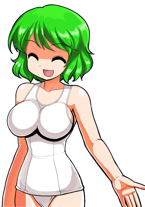 borrowed_design breasts closed_eyes green_hair impossible_clothes impossible_swimsuit kazami_yuuka large_breasts mono_(moiky) one-piece_swimsuit open_mouth school_swimsuit short_hair smile solo swimsuit touhou transparent_background white_school_swimsuit white_swimsuit