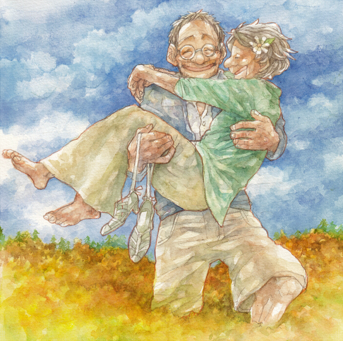 1girl barefoot carrying closed_eyes couple flower glasses hair_flower hair_ornament happy hetero hug ina_(gonsora) old_man old_woman original princess_carry shoes smile white_hair