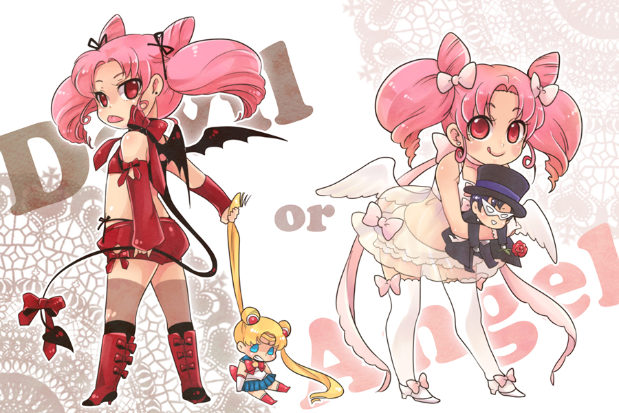 :p angel_and_devil angel_wings bad_id bad_pixiv_id bat_wings bishoujo_senshi_sailor_moon black_hair blonde_hair blue_eyes blue_sailor_collar boots bow character_doll chiba_mamoru chibi chibi_usa clenched_teeth double_bun dual_persona flower full_body hair_ribbon hug knee_boots long_hair looking_back magical_girl mask midriff multiple_girls nightcat pink_hair pleated_skirt red_bow red_eyes red_flower red_rose ribbon rose sailor_collar sailor_moon see-through short_hair short_shorts shorts skirt teeth thighhighs tiara tongue tongue_out tsukino_usagi tuxedo_kamen twintails white_legwear wings