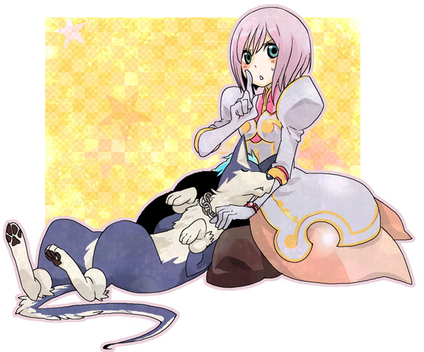 blush chain dog dress estellise_sidos_heurassein finger_to_mouth frown gloves green_eyes juria0801 kneeling pants pink_hair pointing repede short_hair shushing sleeping sweatdrop tales_of_(series) tales_of_vesperia white_gloves yellow_background