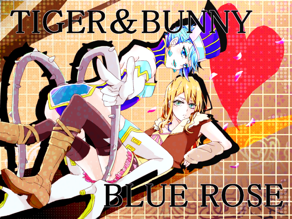 bare_shoulders blue_eyes blue_hair blue_rose_(tiger_&amp;_bunny) boots breasts brown_eyes brown_legwear character_name cleavage copyright_name crystal_earrings detached_sleeves dual_persona earrings elbow_gloves gloves hat high_heels jewelry karina_lyle lipstick long_hair makeup medium_breasts multicolored multicolored_eyes multiple_girls necklace pointing shoes short_hair sime12kala superhero thigh_boots thighhighs tiger_&amp;_bunny vest