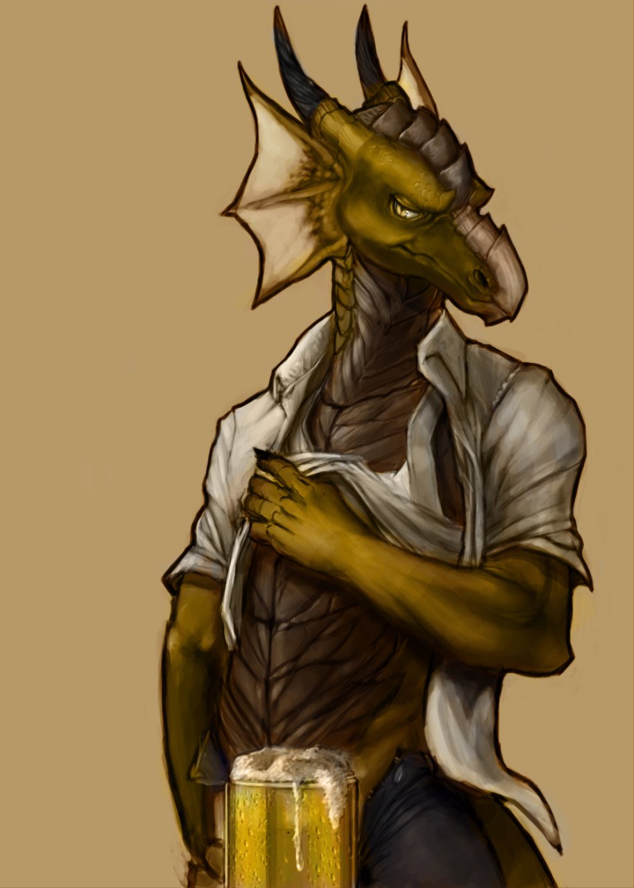 aesuth alcohol anthro beer beverage biceps clothing convenient_censoring convenient_censorship dragon ear_fins horn jeans male muscles open_shirt pants pecs pinup plain_background pose reddyeno5 scales scalie shirt shirt_lift simple_background solo standing tank_top yellow_dragon yellow_eyes
