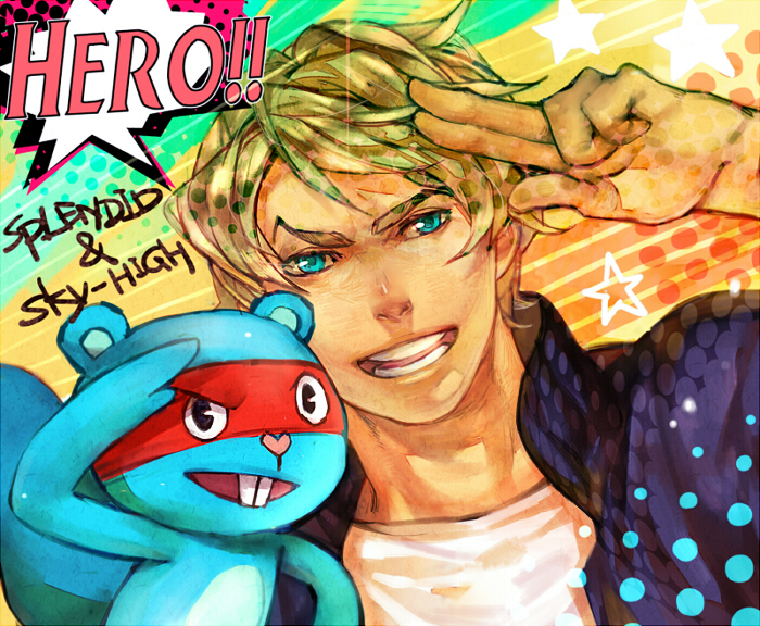 bandana blonde_hair blue_eyes blue_jacket bomber_jacket crossover happy_tree_friends jacket keith_goodman male_focus multiple_boys salute shishio splendid squirrel tiger_&amp;_bunny