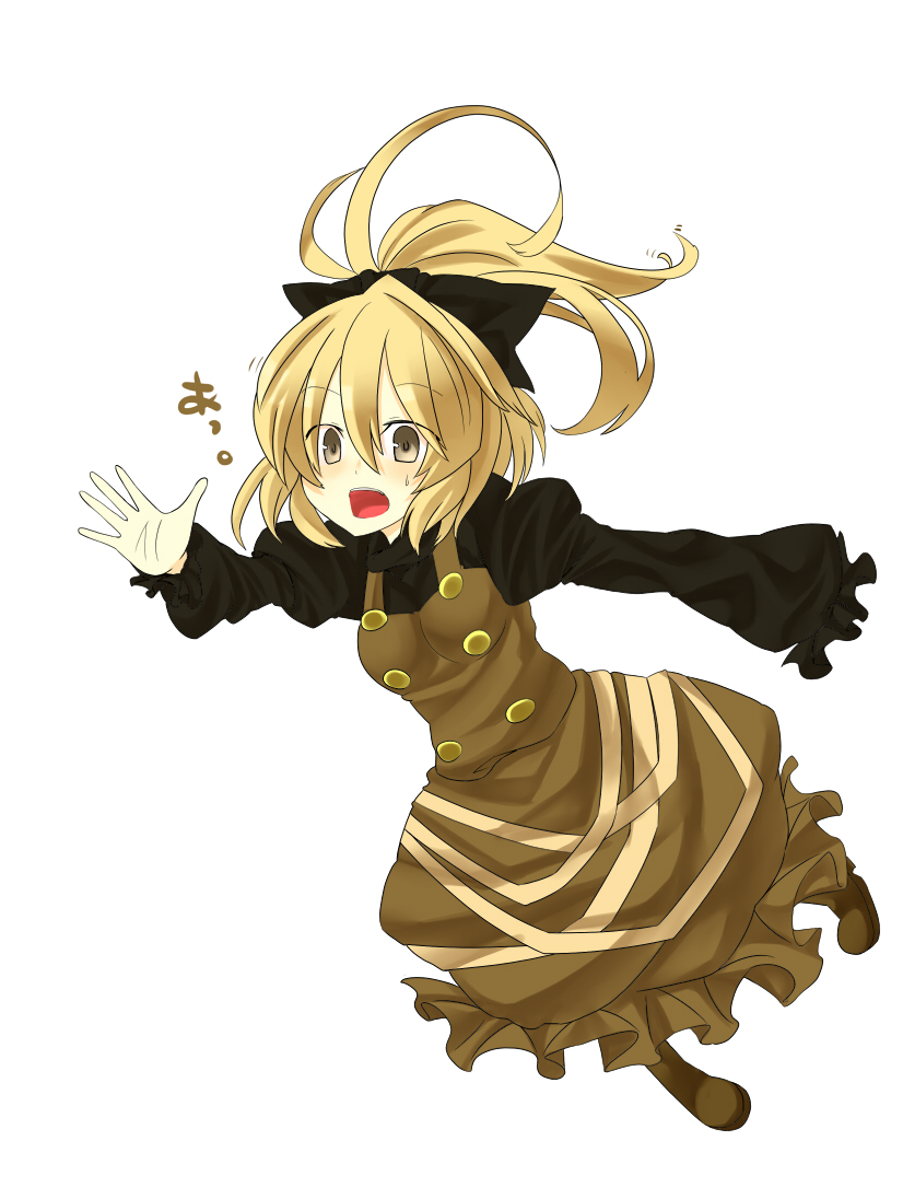 bad_id bad_pixiv_id blonde_hair brown_eyes hair_ribbon hati105 kurodani_yamame ponytail ribbon solo sweatdrop touhou