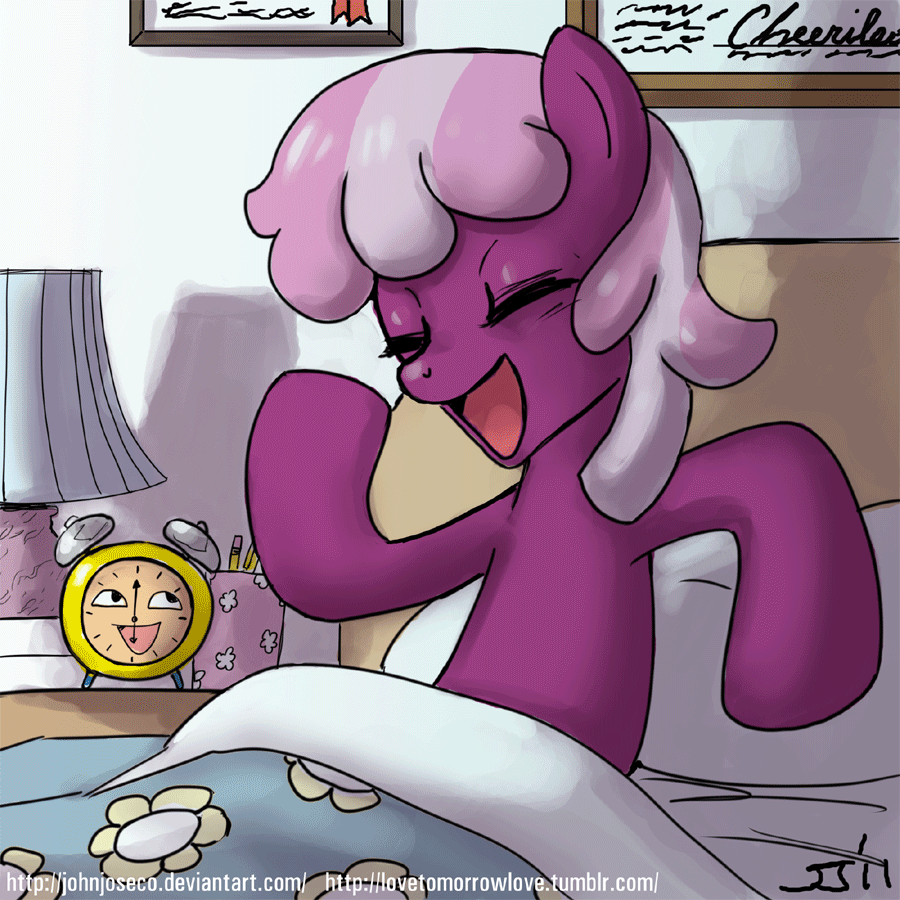 2011 alarm_clock awesome_face blanket cheerilee_(mlp) clock equine eyes_closed female feral friendship_is_magic hair happy hasbro horse john_joseco lamp mammal meme my_little_pony open_mouth pencil pony smile solo stretching teacher two_tone_hair yawn yawning