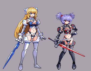 altines altrene armor bikini_armor blonde_hair blue_eyes blue_hair breasts busou_shinki cleavage doll_joints e79 hand_on_hip long_hair lowres medium_breasts multiple_girls navel pixel_art red_eyes small_breasts sword thighhighs weapon