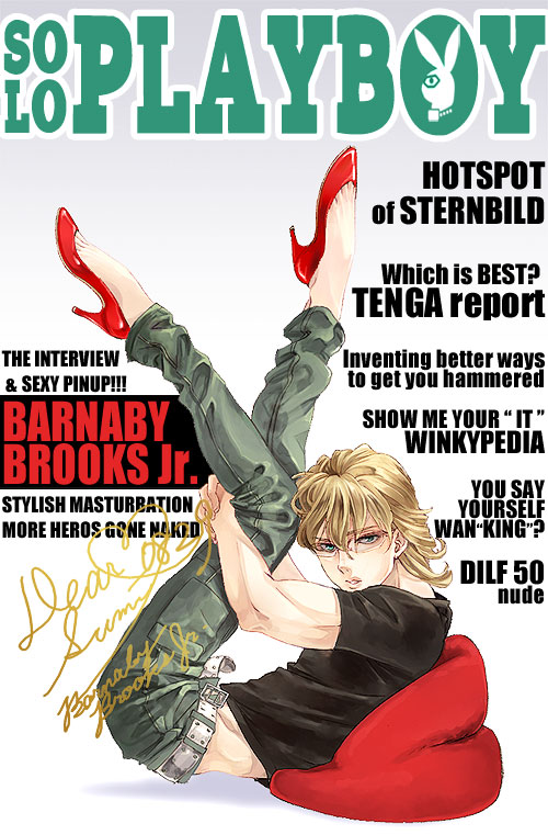 androgynous ao_nago bad_id bad_pixiv_id barnaby_brooks_jr belt blonde_hair derivative_work english engrish glasses green_eyes high_heels jewelry male_focus necklace parody pillow playboy ranguage shoes solo studded_belt tiger_&amp;_bunny