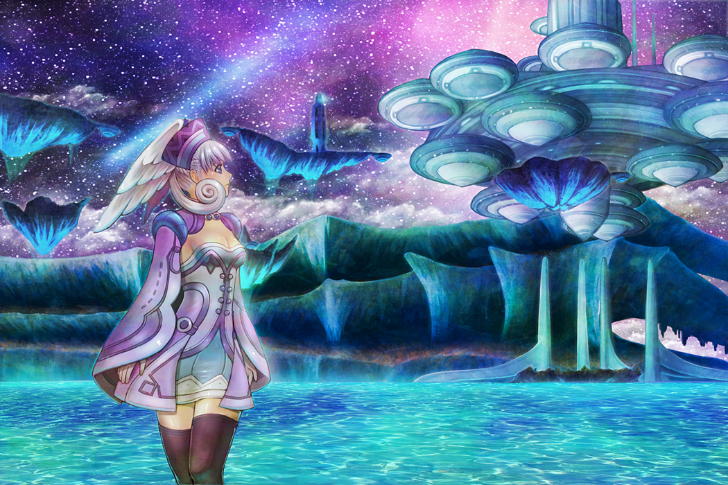 breasts clarityblue cleavage cloud comet head_wings medium_breasts melia mountain night night_sky ocean silver_hair sky solo star_(sky) thighhighs water xenoblade_(series) xenoblade_1