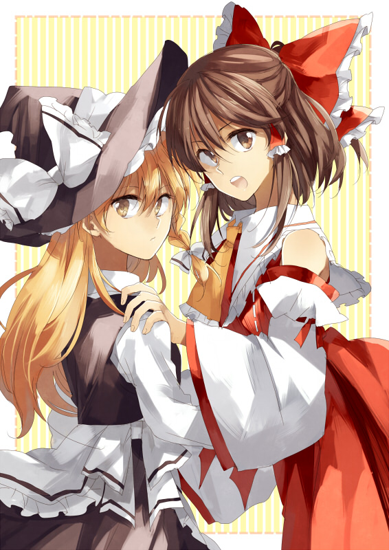 apron ascot bad_id bad_pixiv_id black_dress blonde_hair bow braid brown_eyes brown_hair detached_sleeves dress hair_bow hair_ribbon hair_tubes hakurei_reimu hand_on_shoulder hat kirisame_marisa kutsushita_(tokati_r) looking_back multiple_girls open_mouth red_dress ribbon touhou witch_hat yellow_eyes