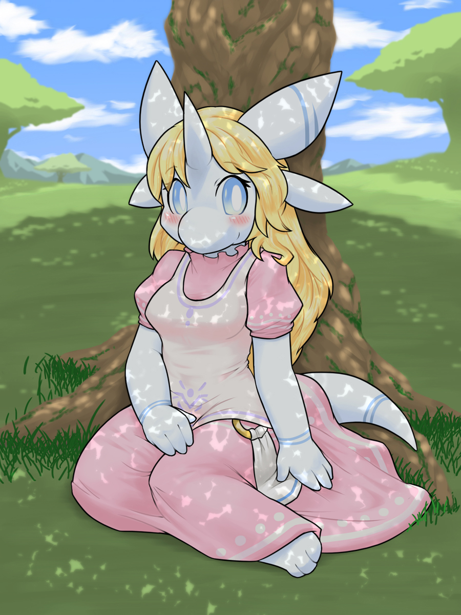 ?? anthro breasts cloud clouds dragon dress female grass hair horn kame_3 looking_at_viewer nature outside sitting solo tree wood young