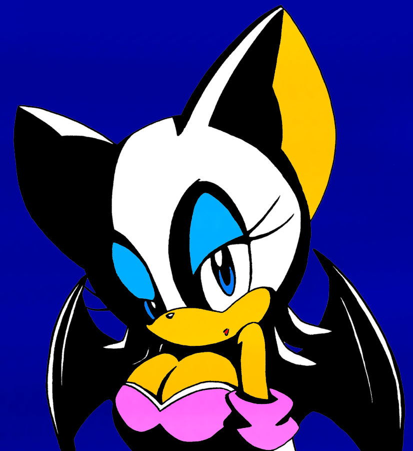 blue_background blue_eyes breasts cleavage clothed clothing darksonic250 dramatic_lighting female hair mammal plain_background rouge_the_bat sega solo sonic_(series) white white_hair wings