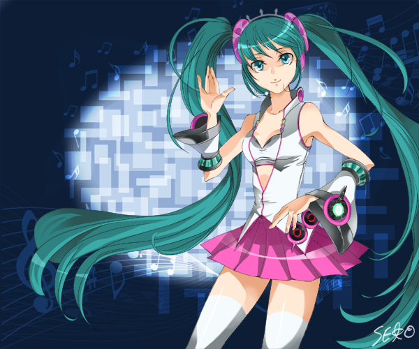 aqua_eyes aqua_hair bad_id bad_pixiv_id bare_shoulders breasts cleavage detached_sleeves hatsune_miku long_hair medium_breasts mocu00 open_clothes open_shirt project_diva project_diva_(series) shirt solo thighhighs twintails very_long_hair vocaloid white_legwear zettai_ryouiki