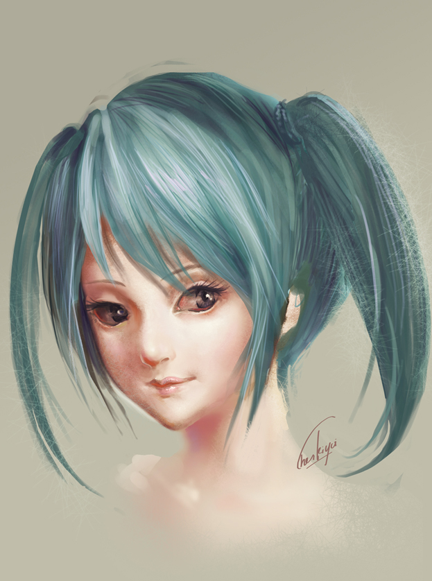 aqua_hair brown_eyes chenkiyui closed_mouth eyelashes face hatsune_miku light_smile lips portrait realistic signature simple_background smile solo twintails vocaloid