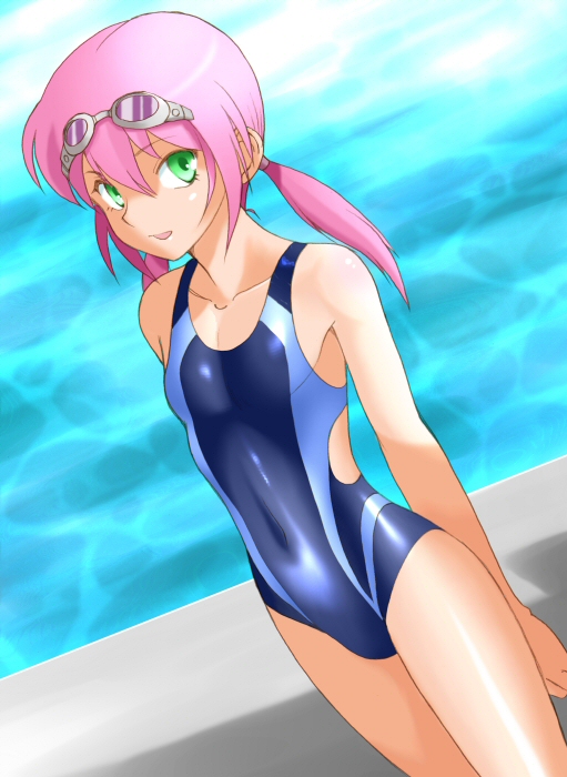 competition_swimsuit covered_navel crossdressing ebi-rom goggles goggles_on_head green_eyes inazuma_eleven_(series) inazuma_eleven_go kirino_ranmaru male_focus one-piece_swimsuit otoko_no_ko pink_hair solo swimsuit twintails