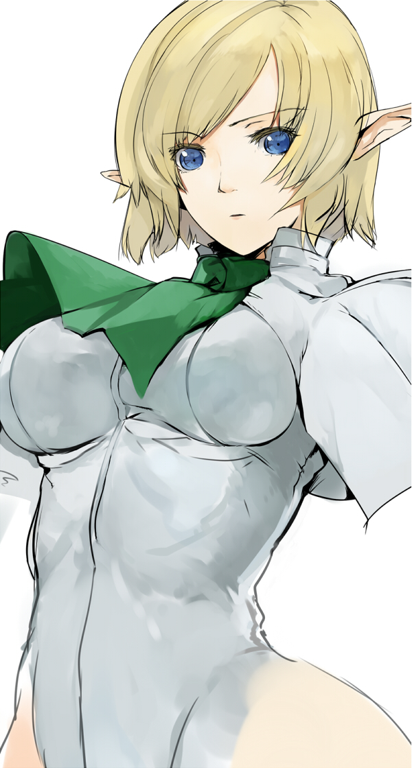 ascot blonde_hair breasts character_request elf looking_at_viewer medium_breasts pixiv_fantasia pixiv_fantasia_5 pointy_ears pupps short_hair simple_background solo